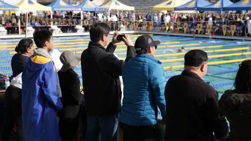 Parents at the pool deck holding up phones to film the race, with multiple lanes of competition behind them